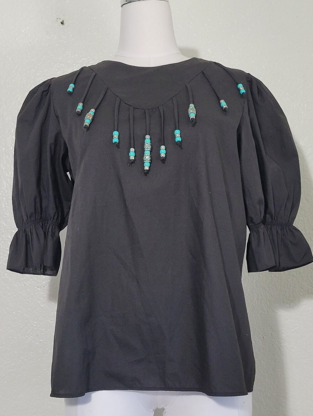 Vintage Malco Modes San Francisco Black Beaded Puff-Sleeve Western Medium Blouse